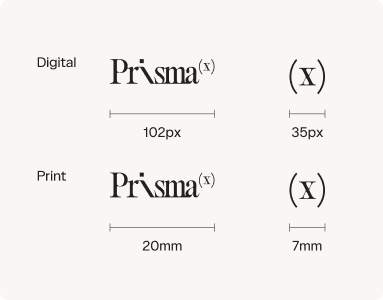 Diagram showing the minimum wordmark size: 102px / 20mm digital and print minimums